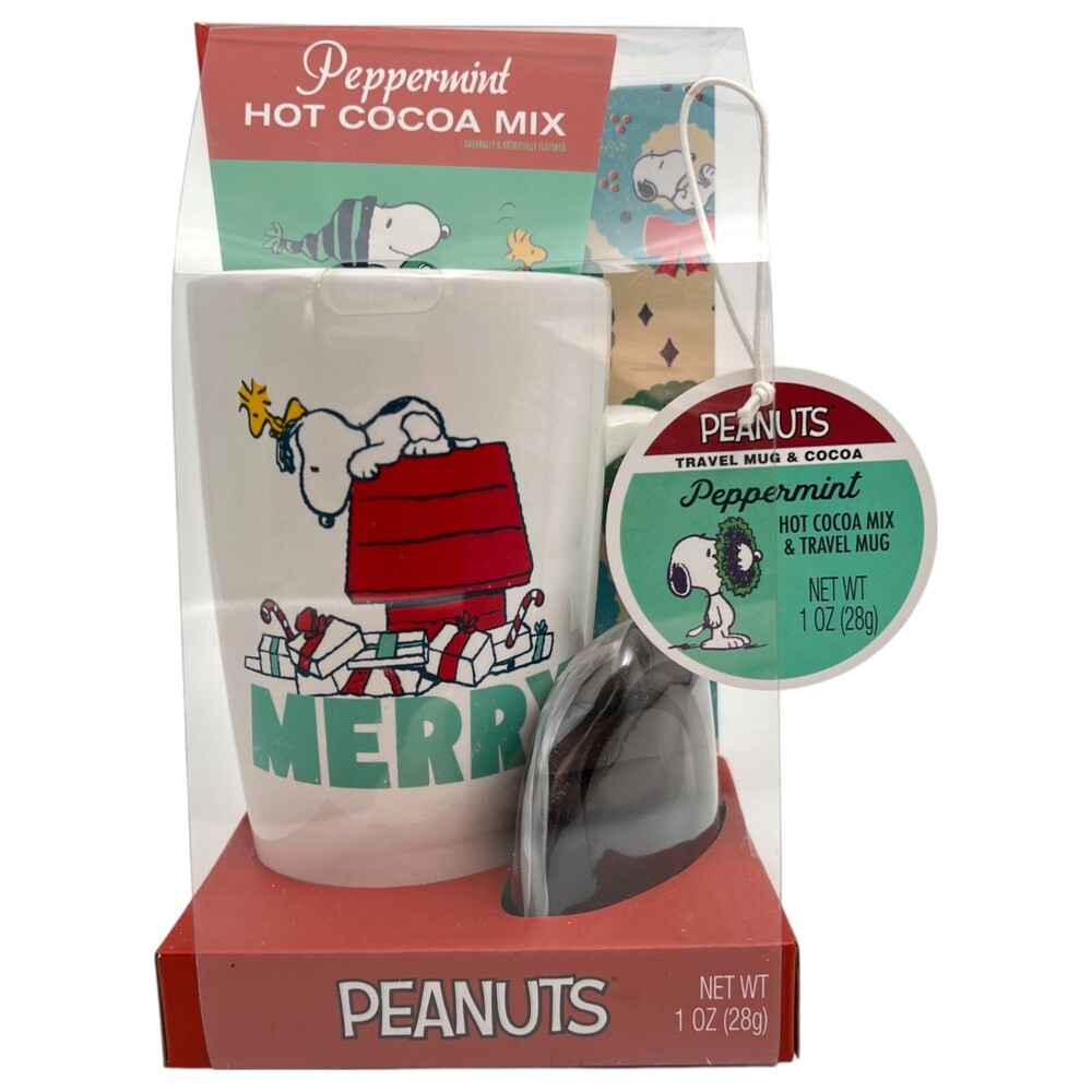 Snoopy Christmas Travel Mug w/ Lid & Cocoa Mix Woodstock Coffee Peanuts New